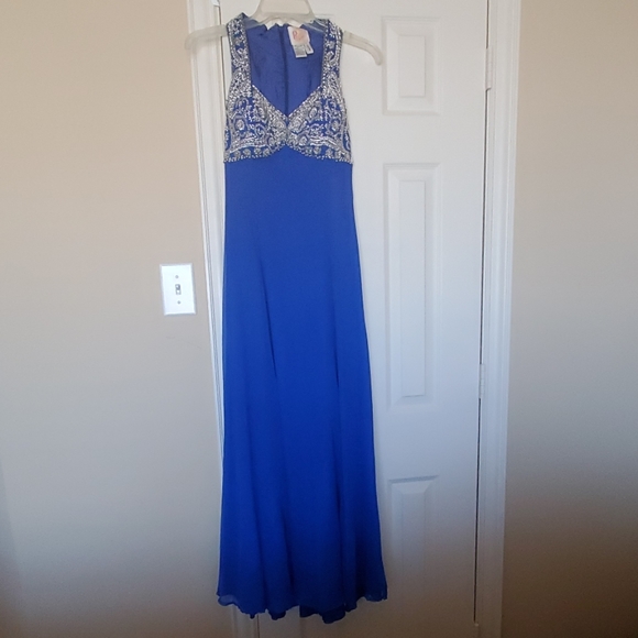 Beautiful royal blue chiffon formal w/ beaded top - Picture 1 of 8
